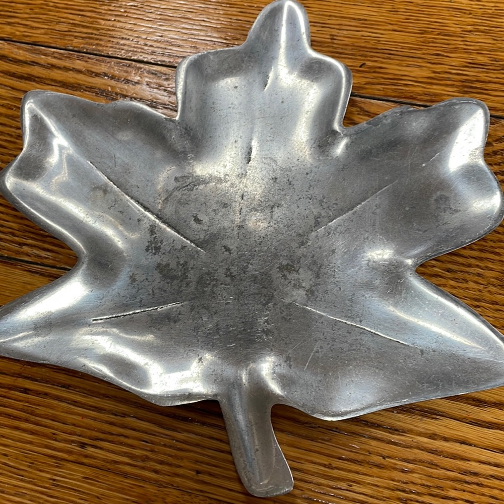Pewter tray shaped like a leaf.  Antique look.  Made in India.